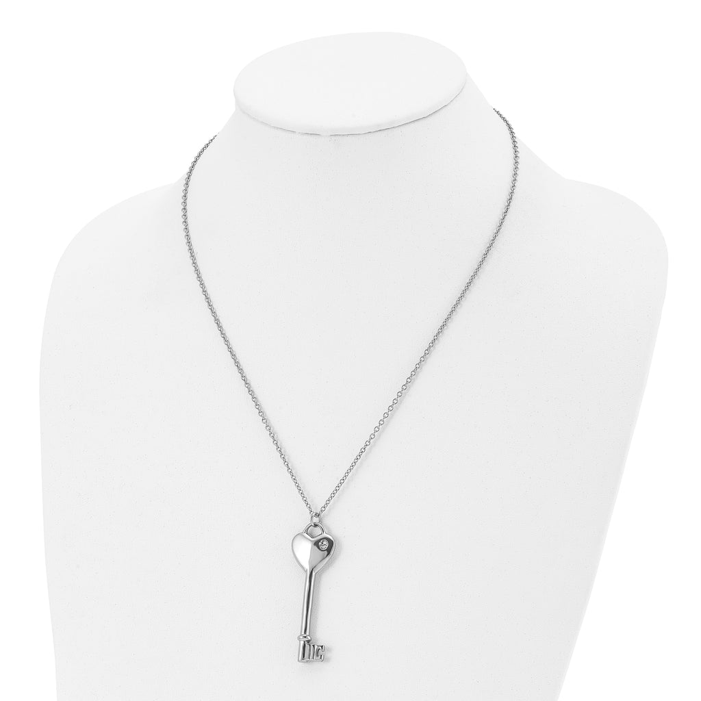 CZ Heart Key Pendant Necklace in Stainless Steel