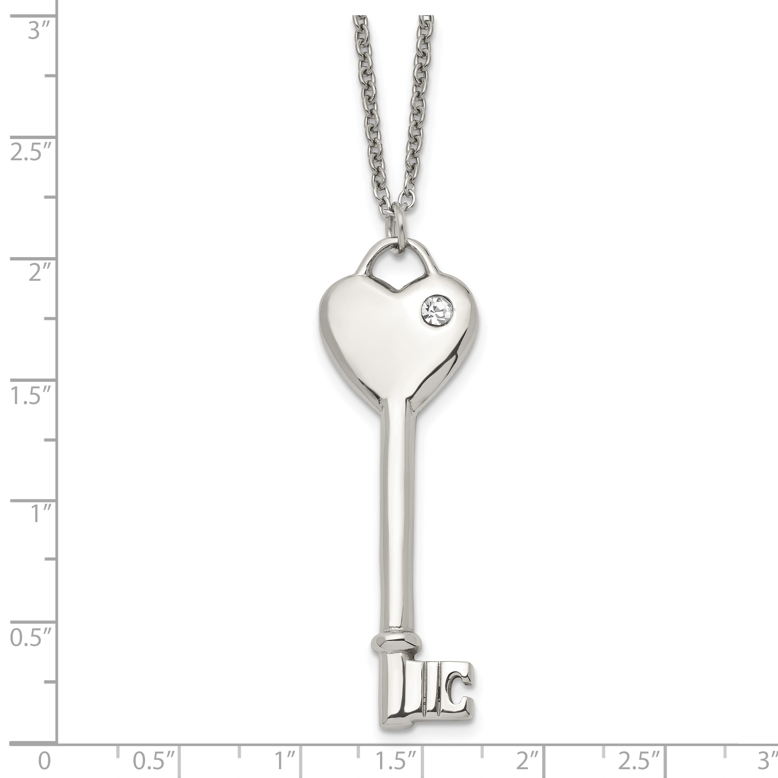 Chisel Stainless Steel Polished with CZ Heart Key Pendant on a 20 inch Cable Chain Necklace