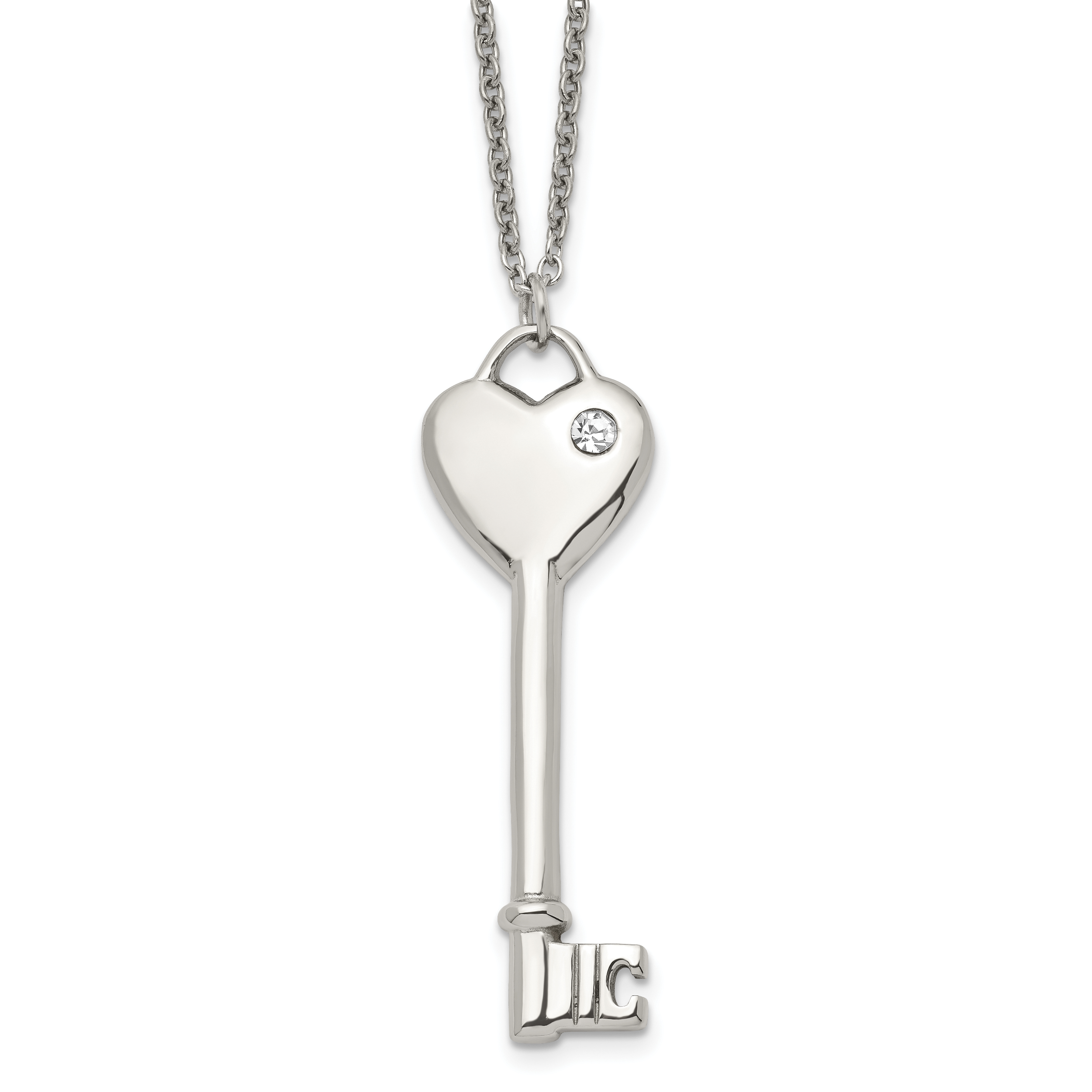 Chisel Stainless Steel Polished with CZ Heart Key Pendant on a 20 inch Cable Chain Necklace Main image