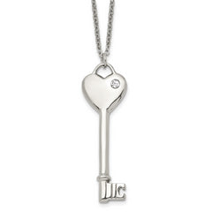 Chisel Stainless Steel Polished with CZ Heart Key Pendant on a 20 inch Cable Chain Necklace