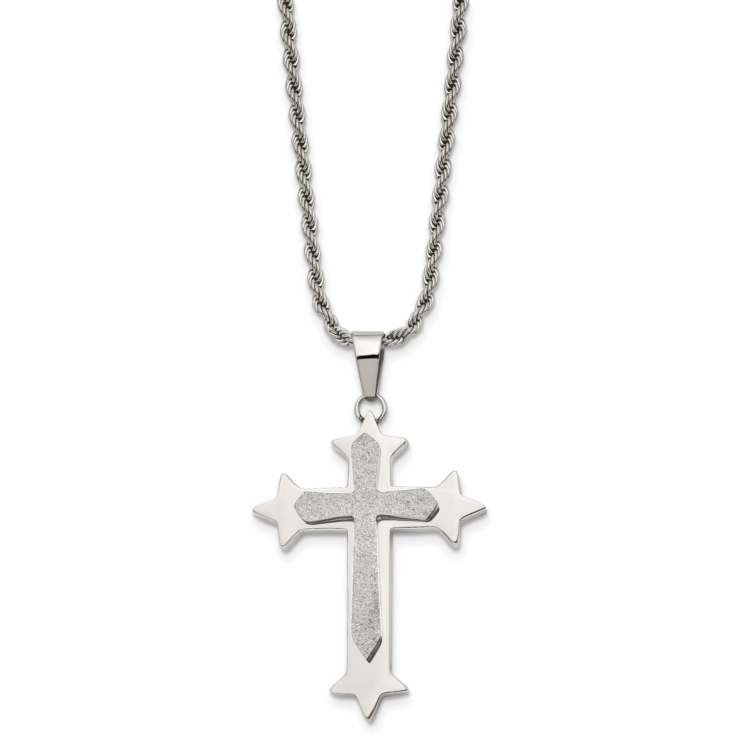 Chisel Stainless Steel Polished and Laser Cut Cross Pendant on a 24 inch Rope Chain Necklace