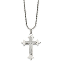 Chisel Stainless Steel Polished and Laser Cut Cross Pendant on a 24 inch Rope Chain Necklace