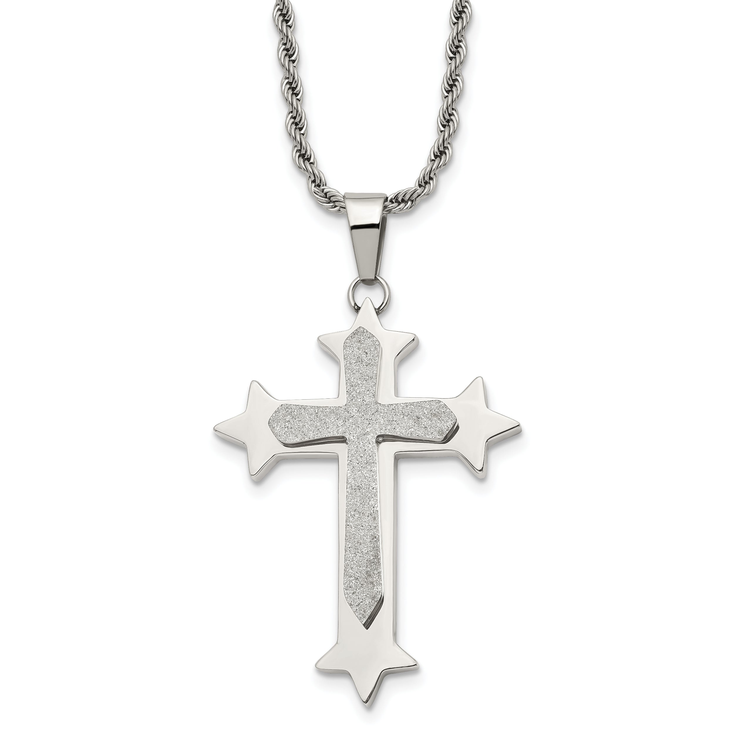 Chisel Stainless Steel Polished and Laser Cut Cross Pendant on a 24 inch Rope Chain Necklace
