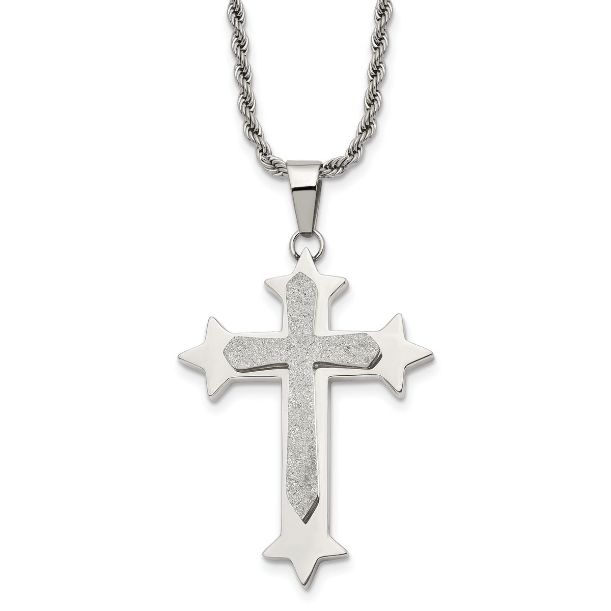 Chisel Stainless Steel Polished and Laser Cut Cross Pendant on a 24 inch Rope Chain Necklace