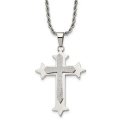 Chisel Stainless Steel Polished and Laser Cut Cross Pendant on a 24 inch Rope Chain Necklace