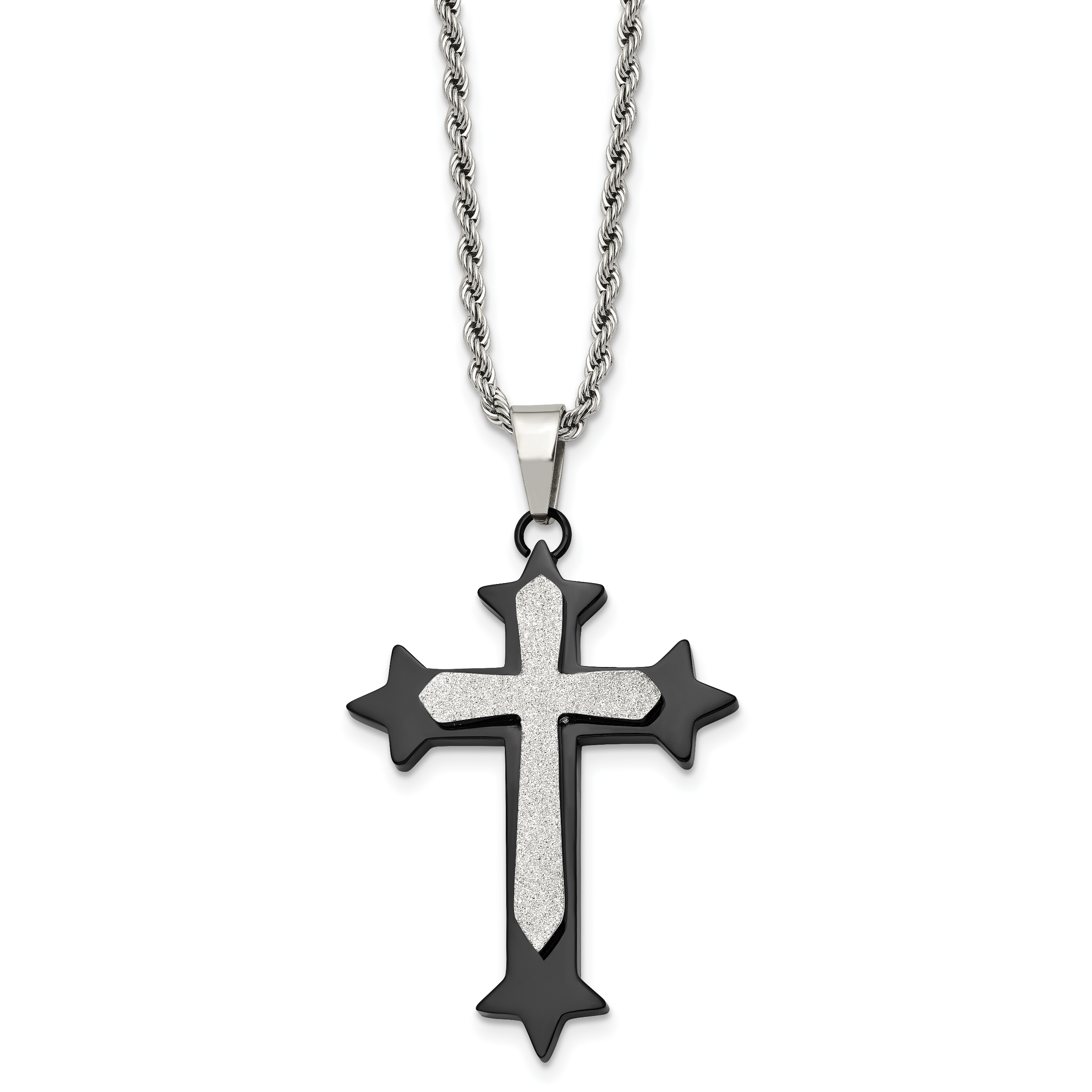Stainless Steel Polished Black IP-plated Laser cut Cross 24in  Necklace Main image