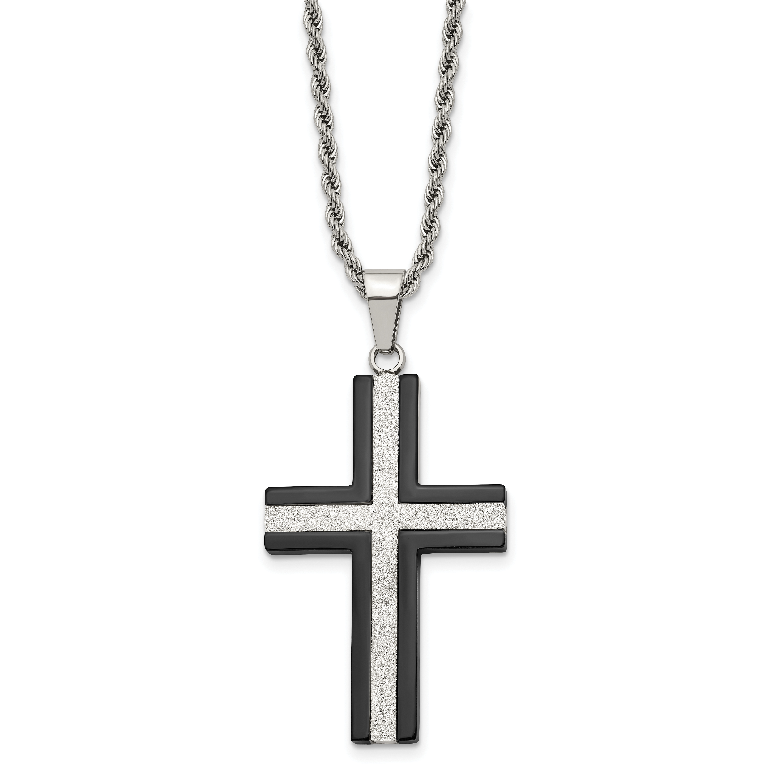 Chisel Stainless Steel Polished Black IP-plated Laser Cut Cross Pendant on a 24 inch Rope Chain Necklace Main image