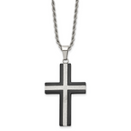 Chisel Stainless Steel Polished Black IP-plated Laser Cut Cross Pendant on a 24 inch Rope Chain Necklace