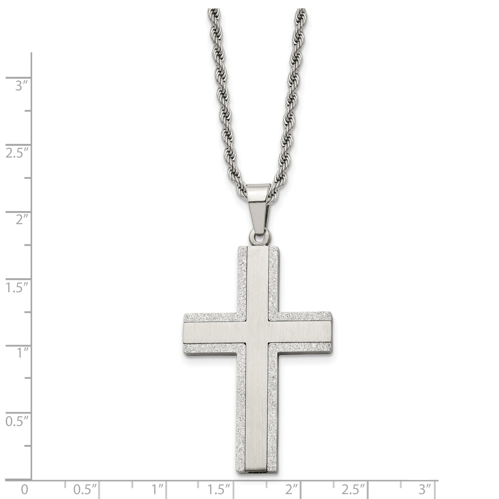 Chisel Stainless Steel Polished Laser Cut Edges Cross Pendant on a 24 inch Rope Chain Necklace