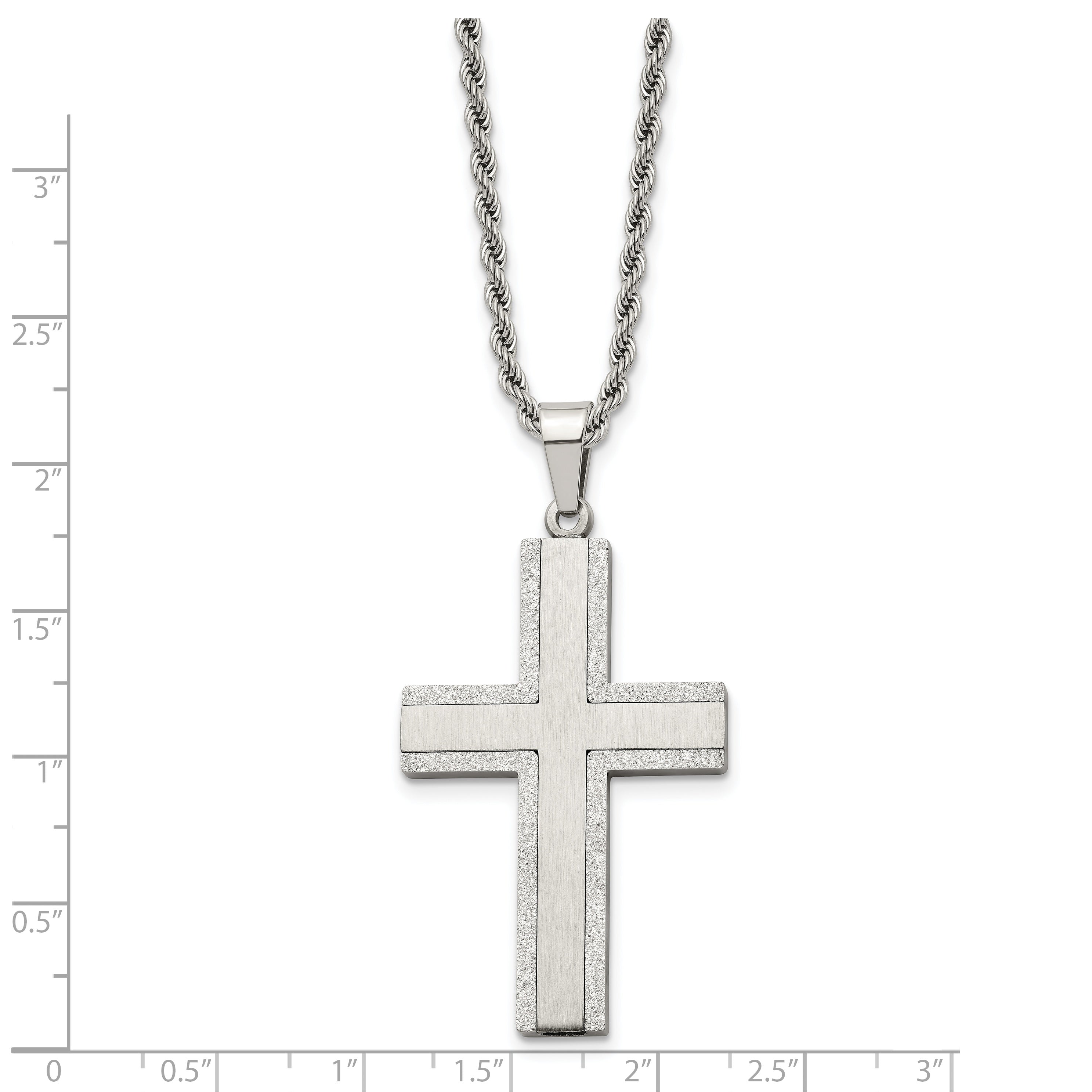 Chisel Stainless Steel Polished Laser Cut Edges Cross Pendant on a 24 inch Rope Chain Necklace
