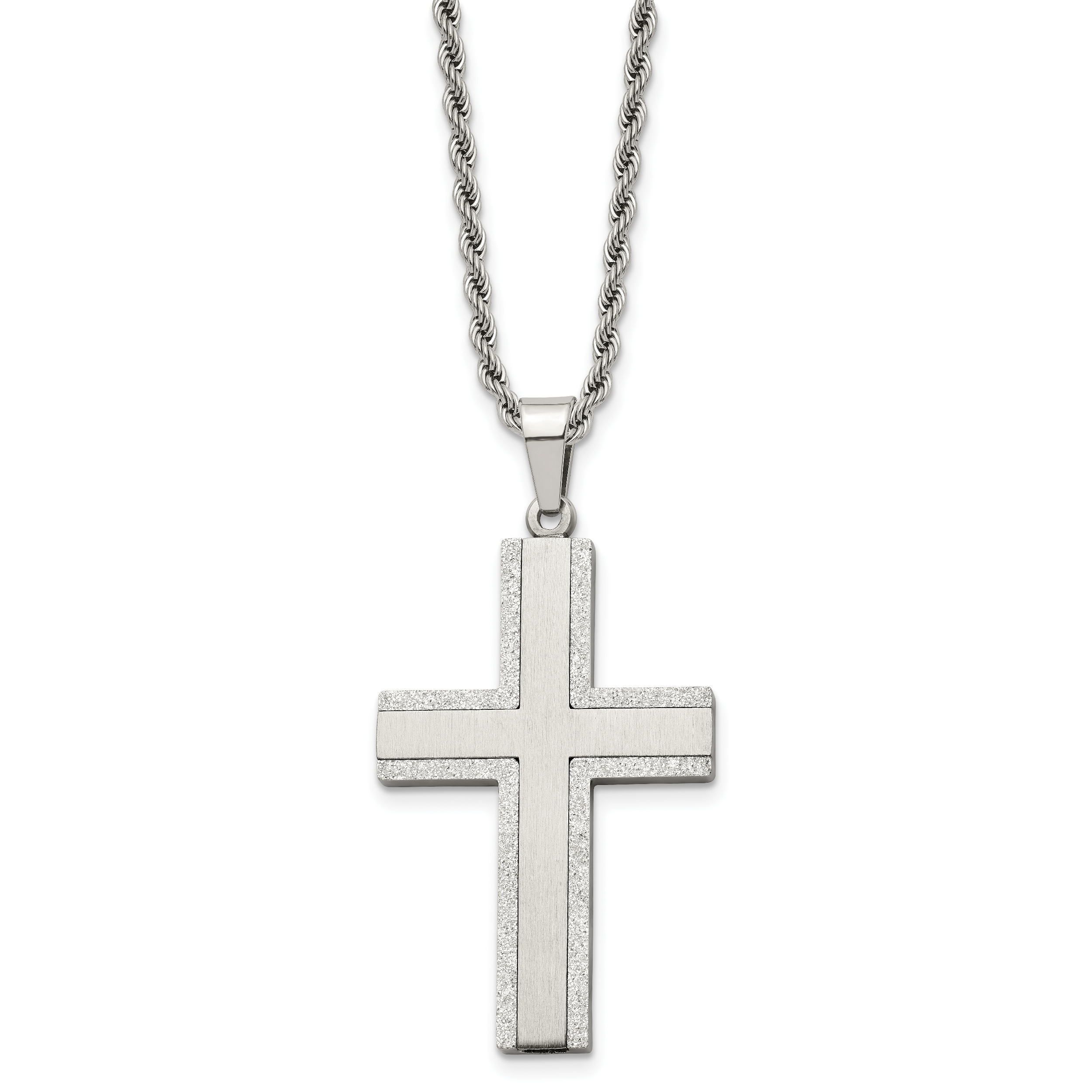 Chisel Stainless Steel Polished Laser Cut Edges Cross Pendant on a 24 inch Rope Chain Necklace Main image