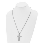 Chisel Stainless Steel Polished with CZ Grooved Cross Pendant on a 24 inch Rope Chain Necklace