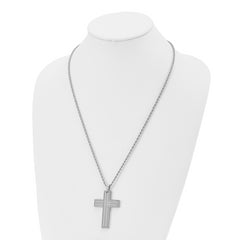 Chisel Stainless Steel Polished with CZ Grooved Cross Pendant on a 24 inch Rope Chain Necklace