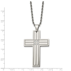 Chisel Stainless Steel Polished with CZ Grooved Cross Pendant on a 24 inch Rope Chain Necklace