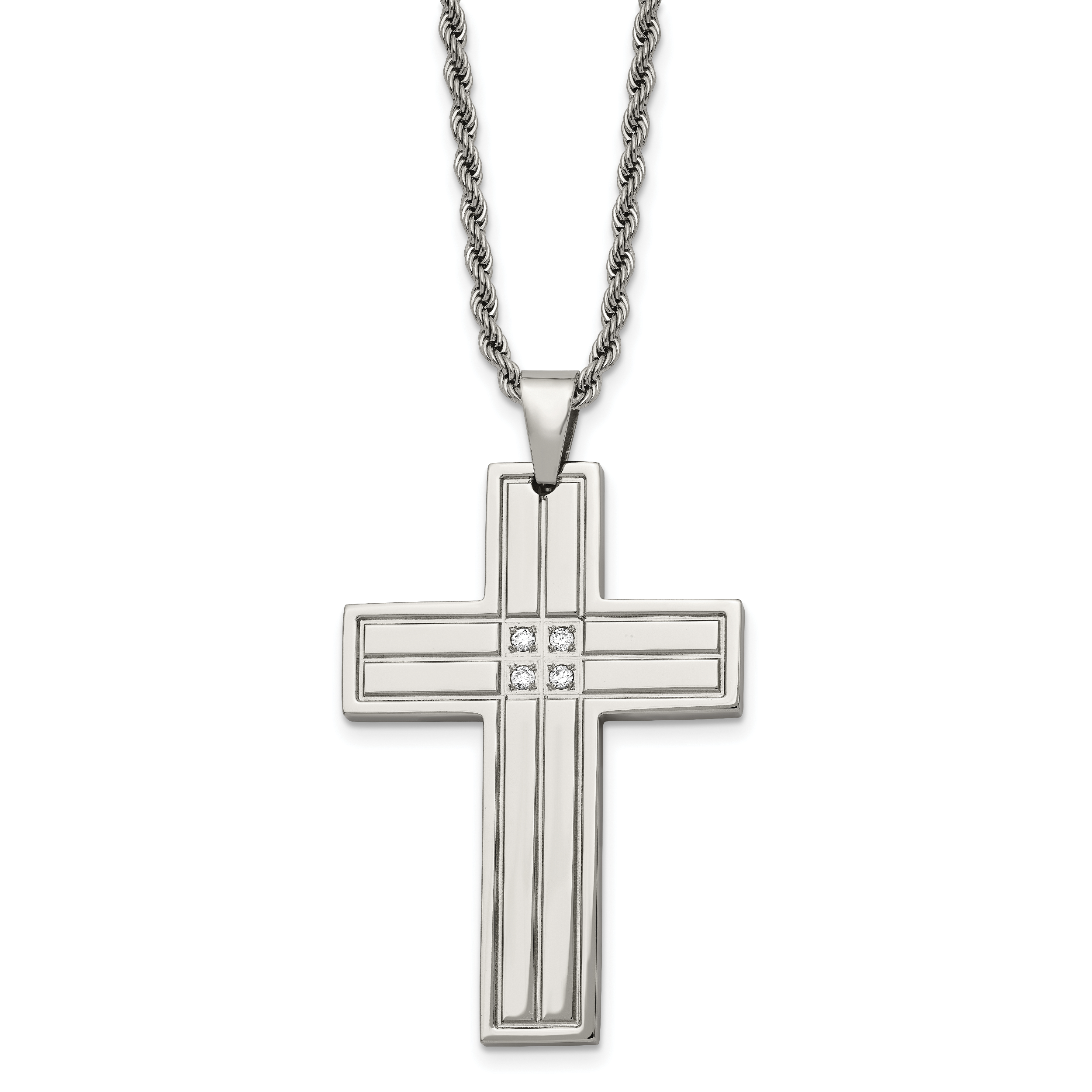 Chisel Stainless Steel Polished with CZ Grooved Cross Pendant on a 24 inch Rope Chain Necklace Main image