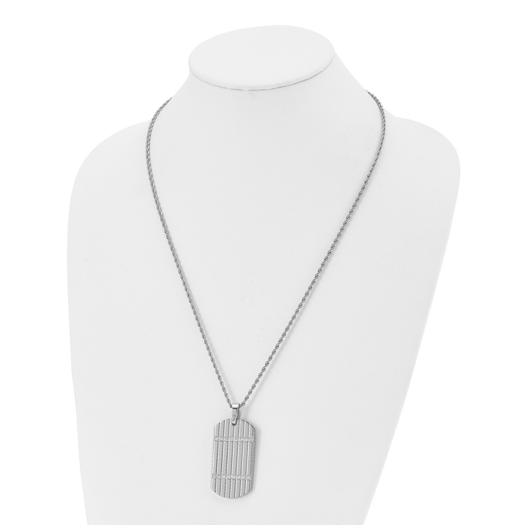 CZ Dog Tag Necklace in Stainless Steel, 24 in