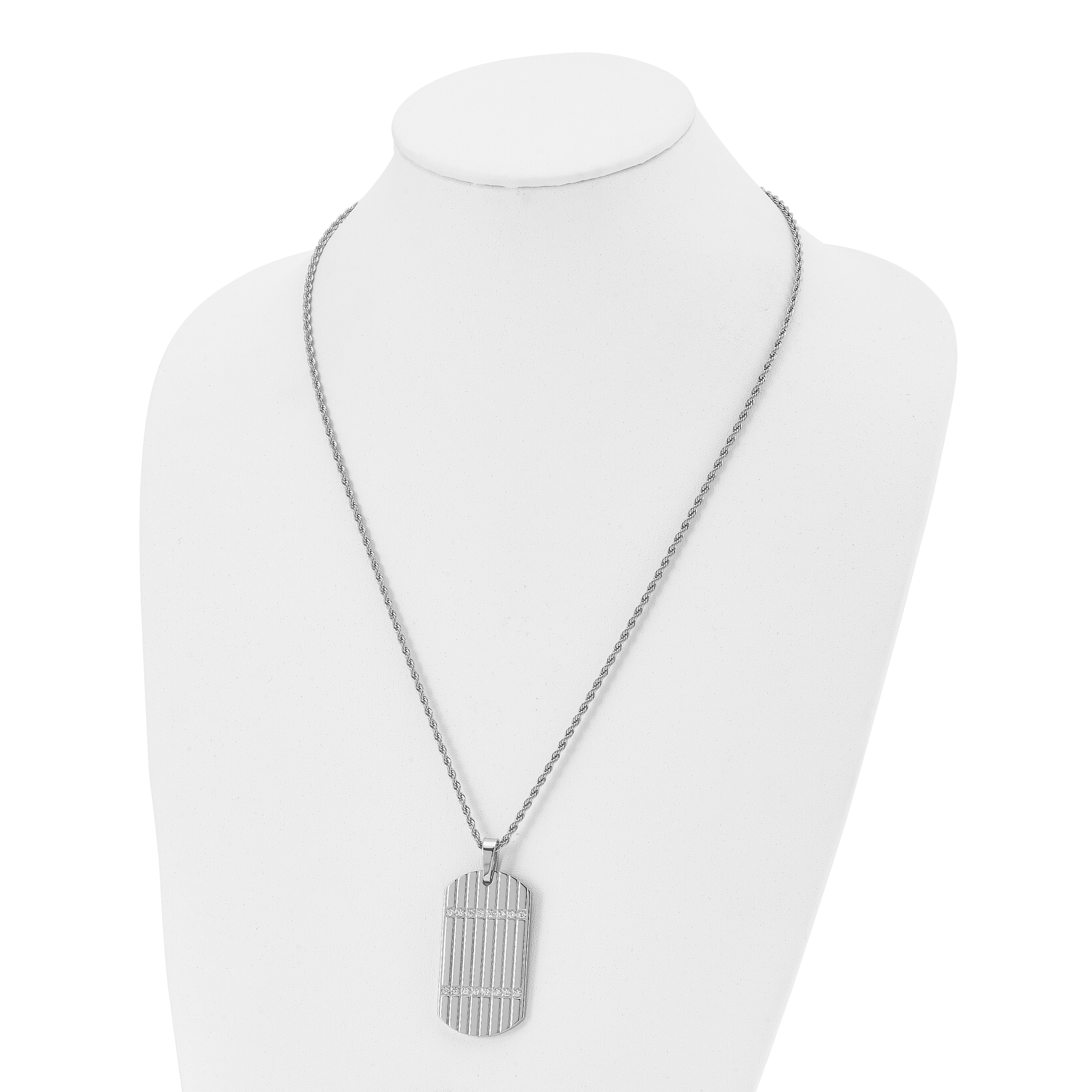 CZ Dog Tag Necklace in Stainless Steel, 24 in