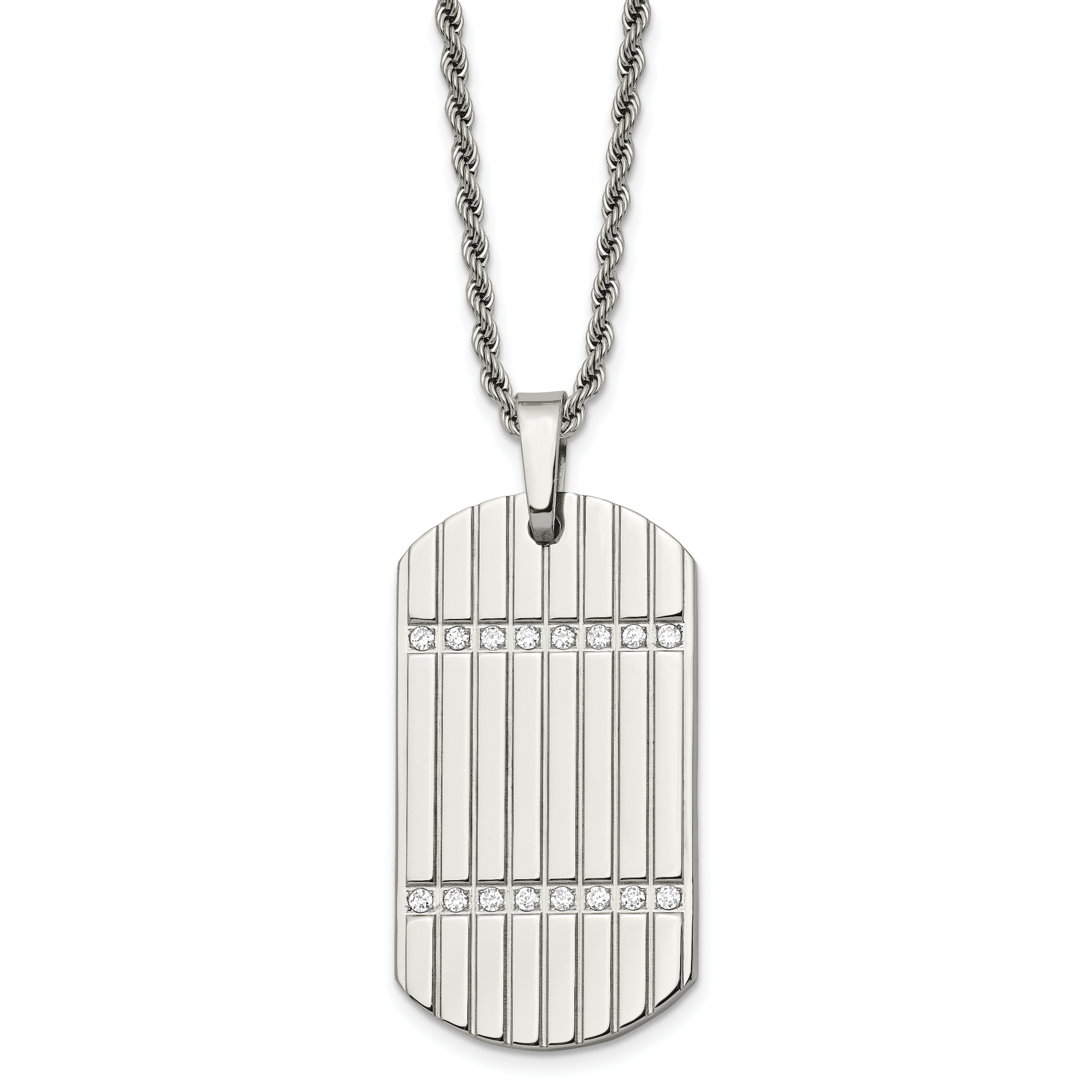 Stainless Steel 24in Polished & Textured w/CZs Dog Tag Necklace Main image