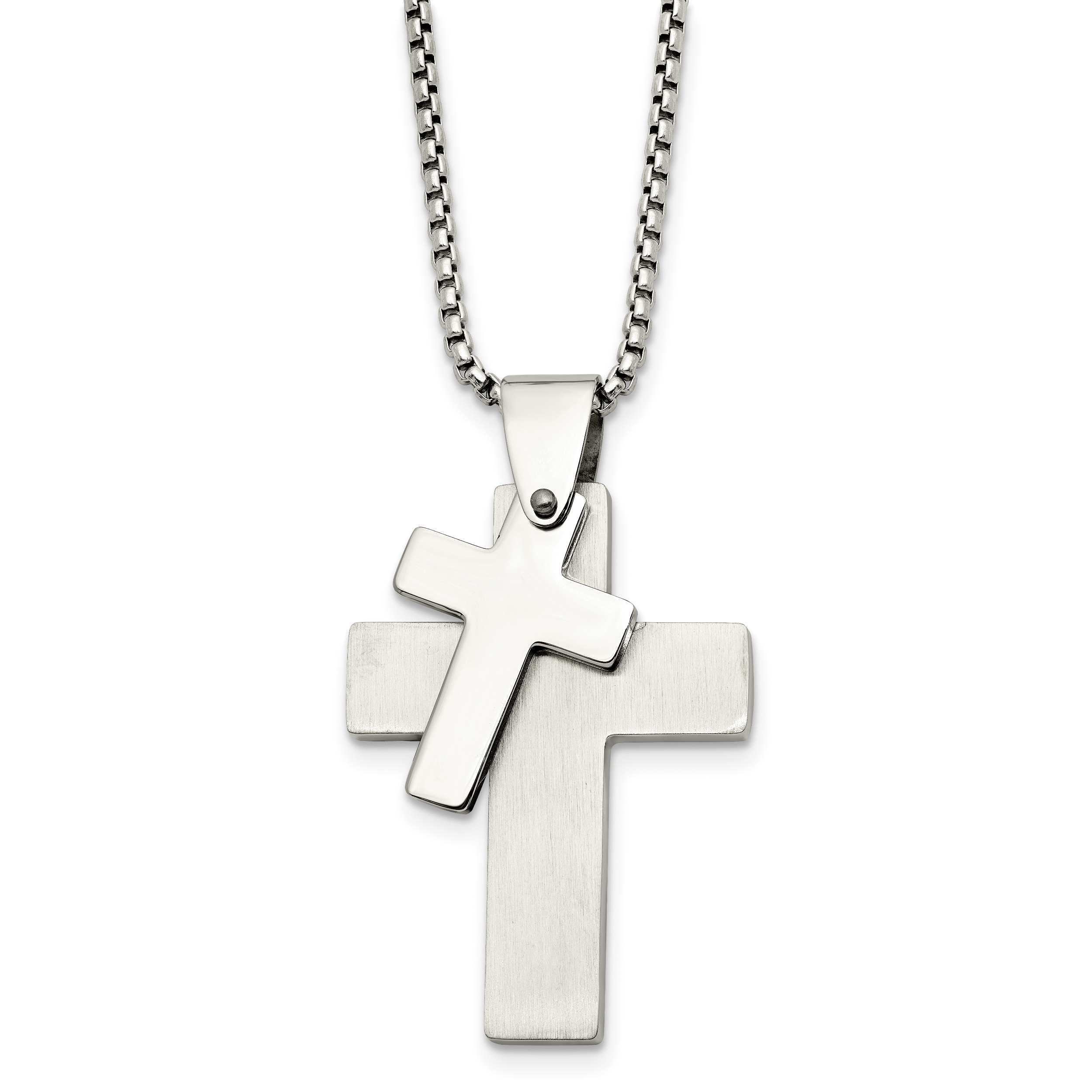 Chisel Stainless Steel Brushed and Polished Double Cross Pendant on a 24 inch Box Chain Necklace Main image