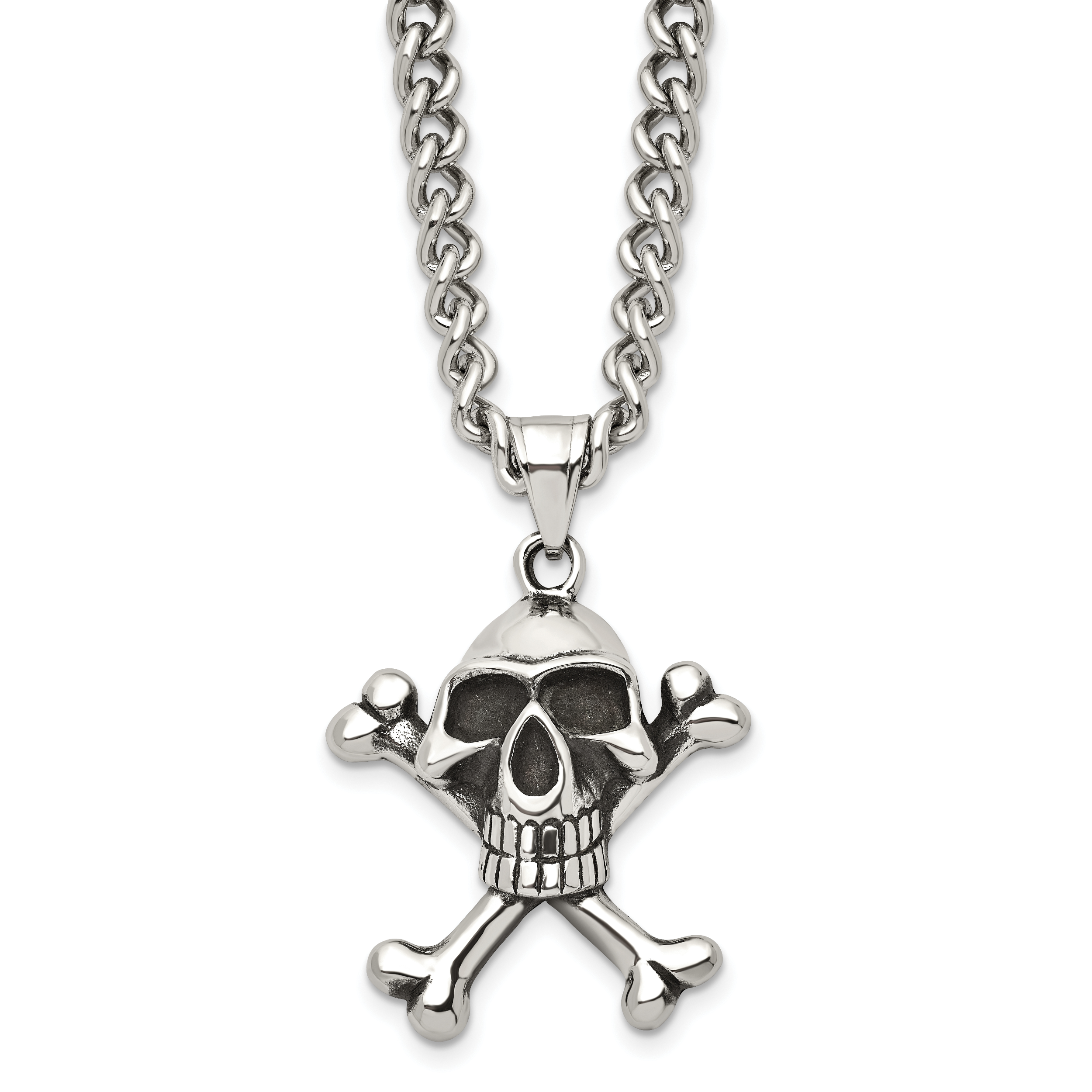 Chisel Stainless Steel Antiqued and Polished Skull and Crossbones Pendant on a 24 inch Curb Chain Necklace Main image