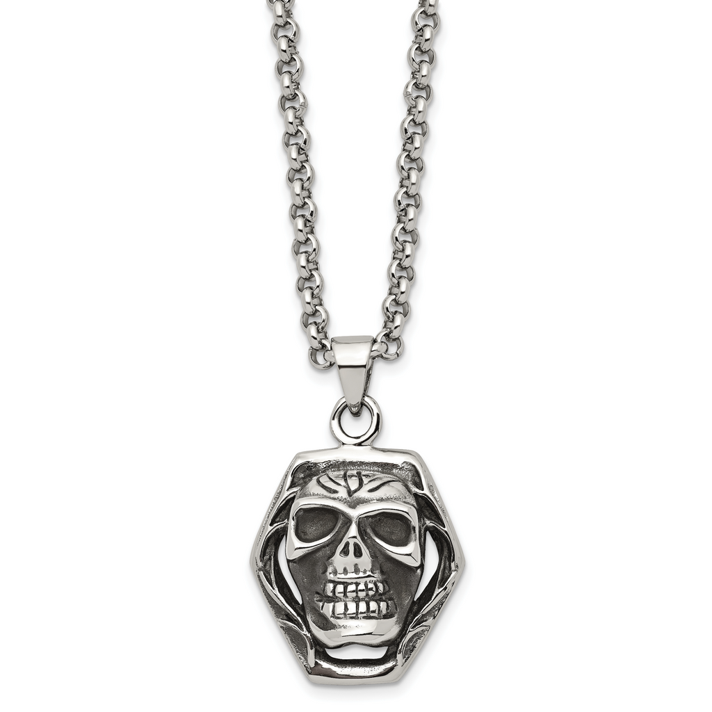 Antiqued Skull Pendant Necklace in Stainless Steel