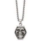 Antiqued Skull Pendant Necklace in Stainless Steel