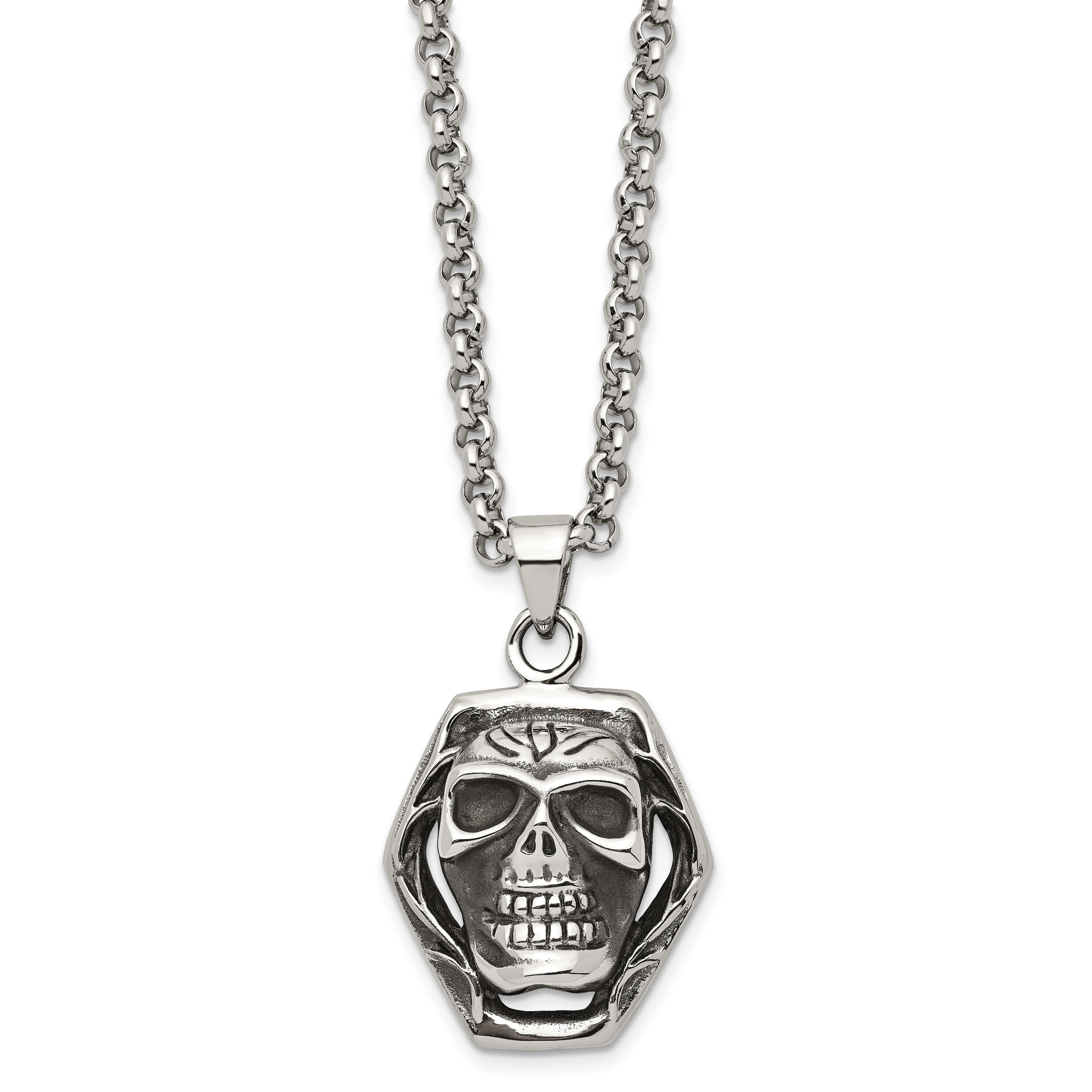 Antiqued Skull Pendant Necklace in Stainless Steel
