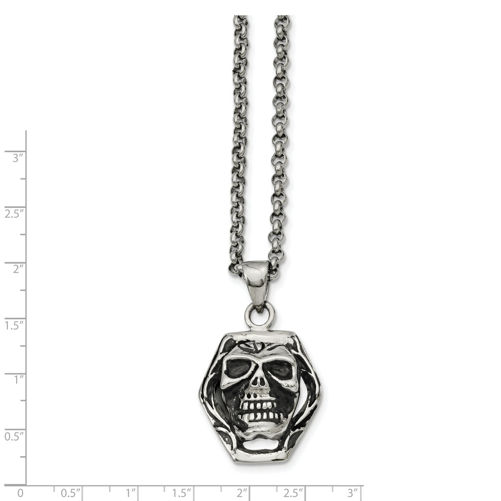 Antiqued Skull Pendant Necklace in Stainless Steel