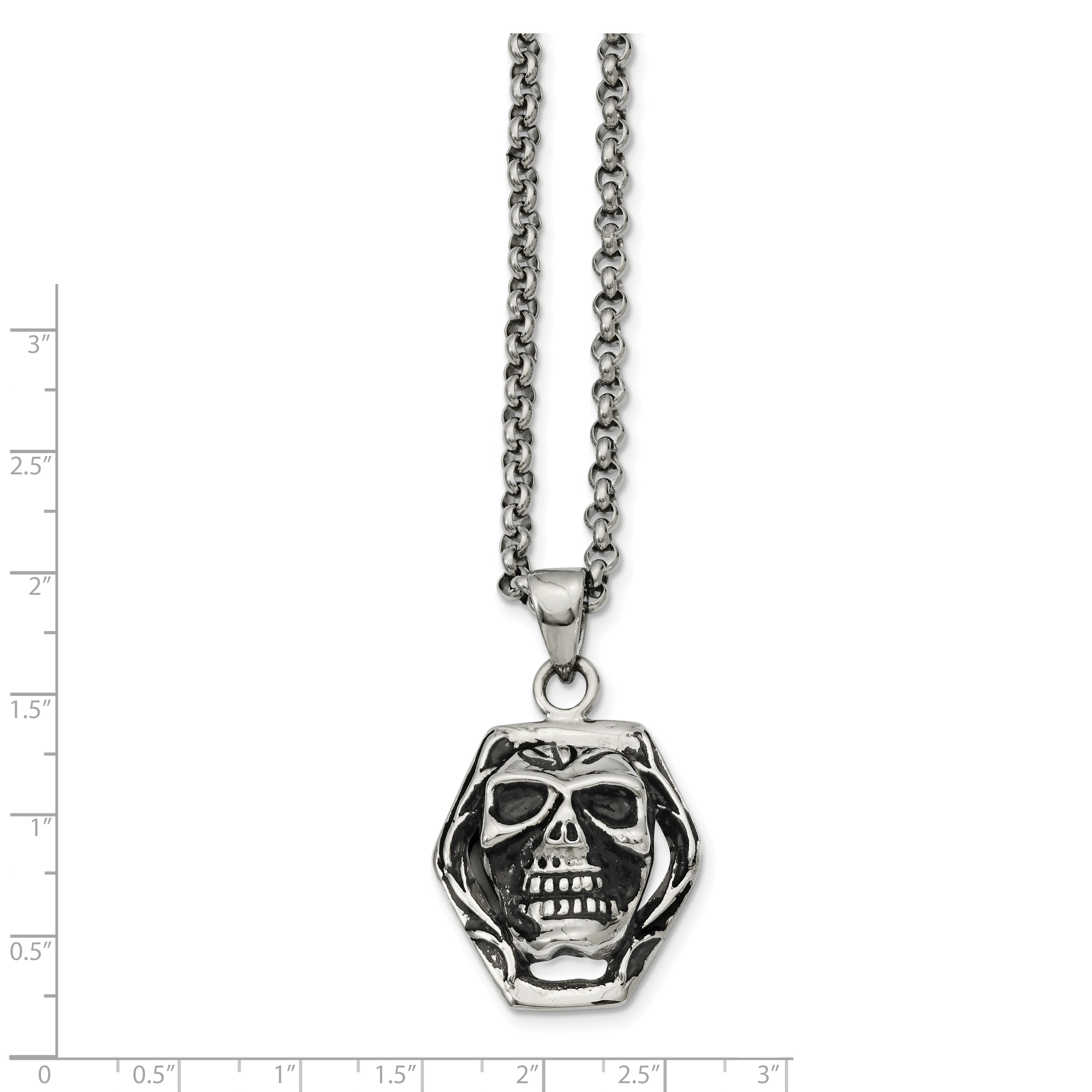 Antiqued Skull Pendant Necklace in Stainless Steel