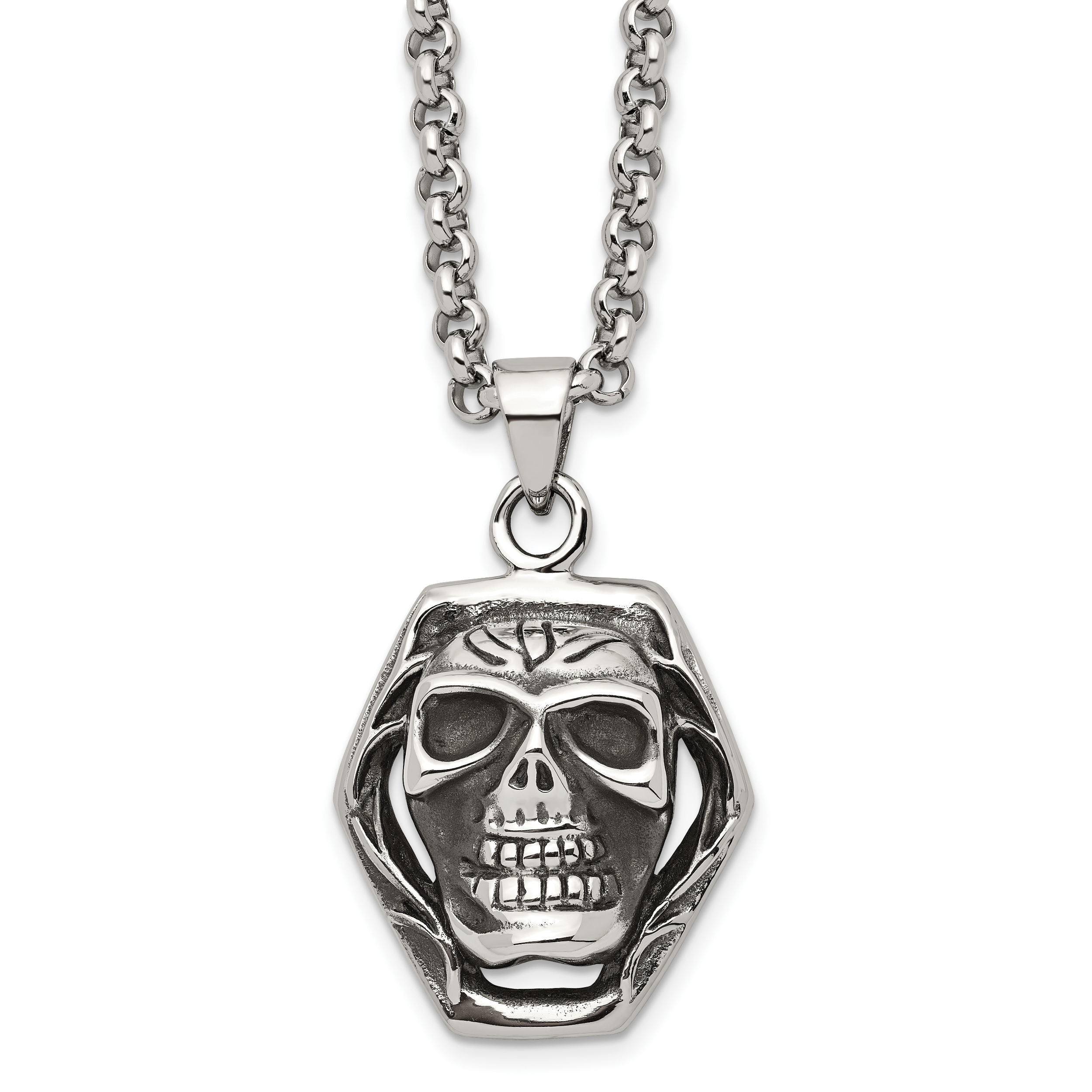 Chisel Stainless Steel Antiqued and Polished Skull Pendant on a 24 inch Cable Chain Necklace Main image