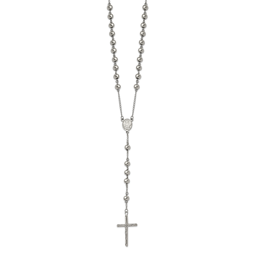 Chisel Stainless Steel Polished 8mm Beaded 32.5 inch Rosary Necklace