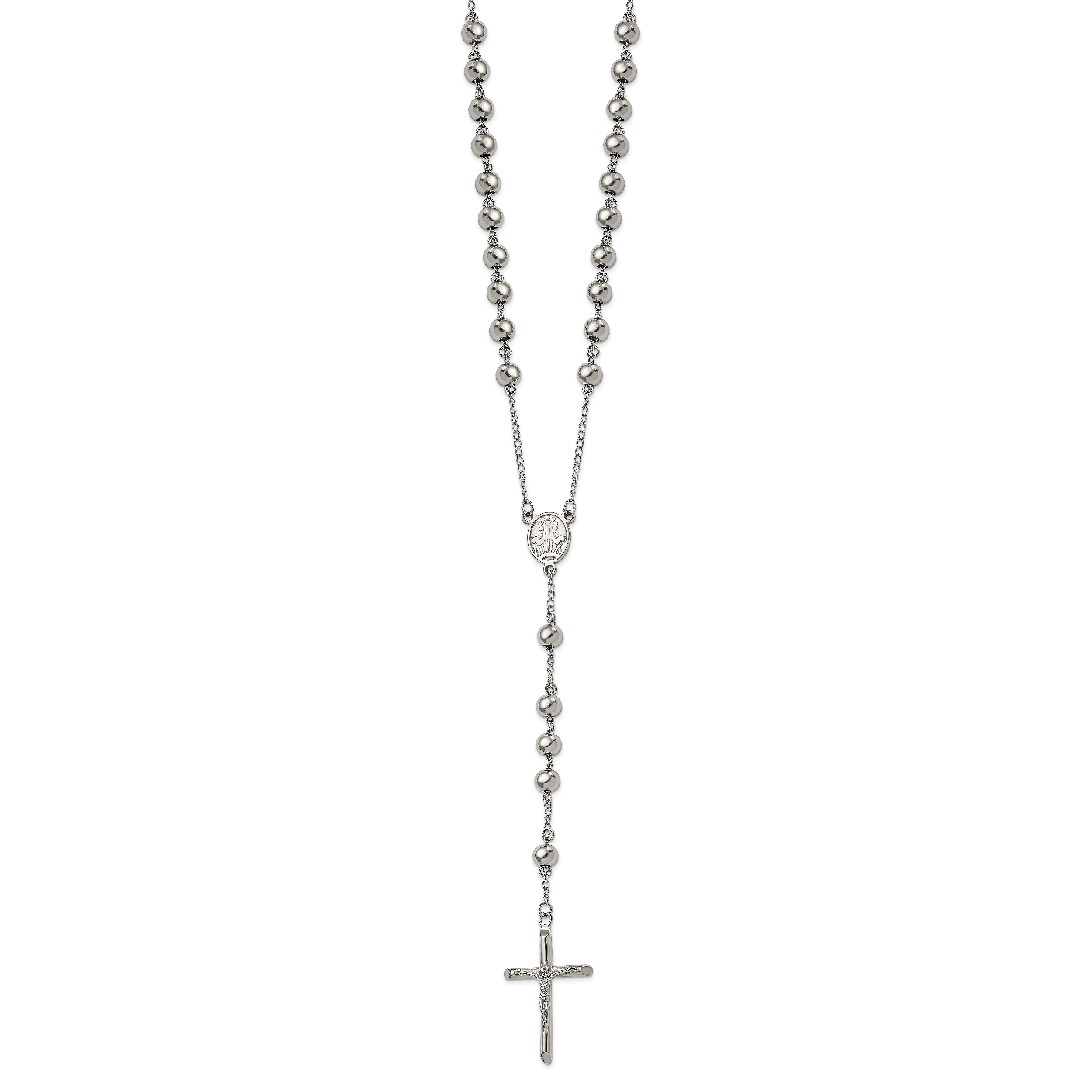 Chisel Stainless Steel Polished 8mm Beaded 32.5 inch Rosary Necklace