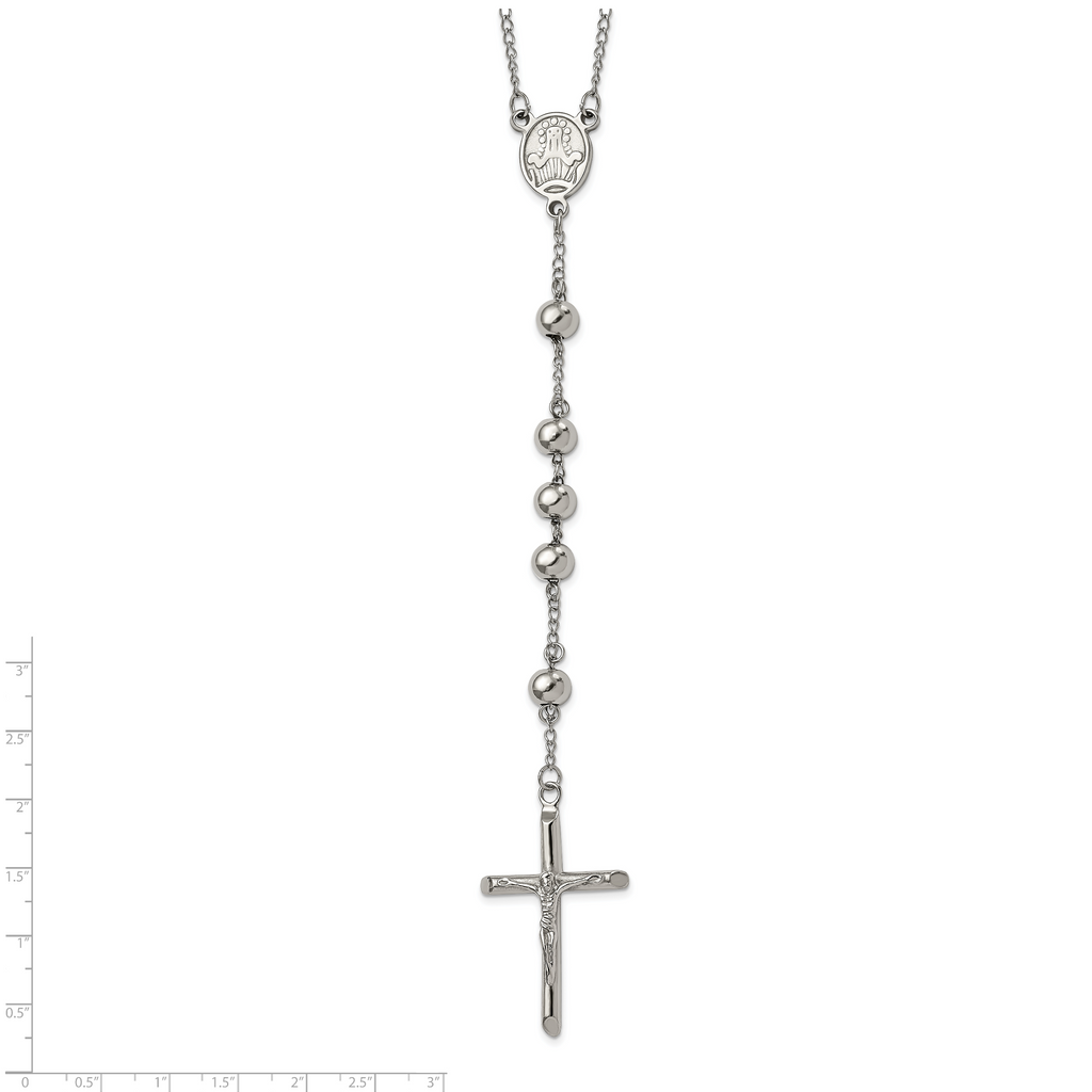 Chisel Stainless Steel Polished 8mm Beaded 32.5 inch Rosary Necklace