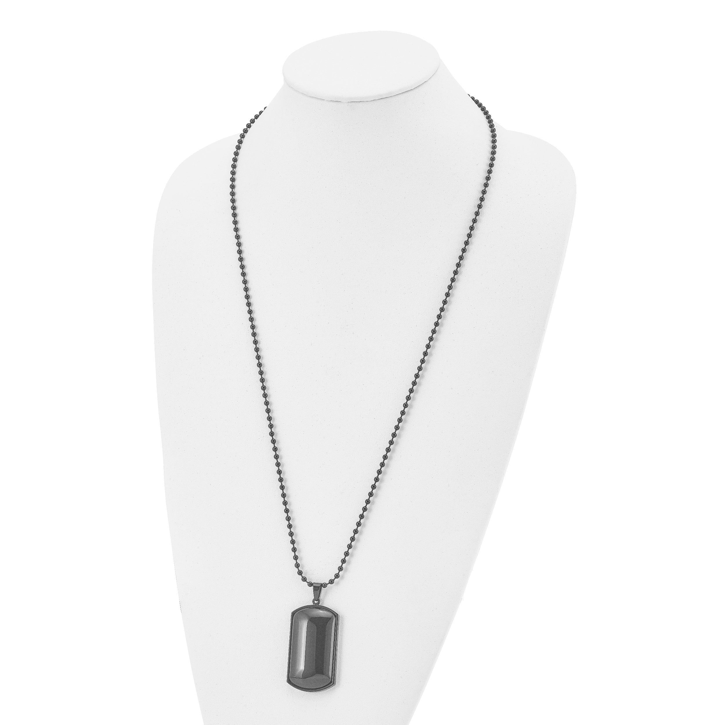 Chisel Stainless Steel Brushed Black IP-plated with Black Agate Dog Tag on a 30 inch Ball Chain Necklace