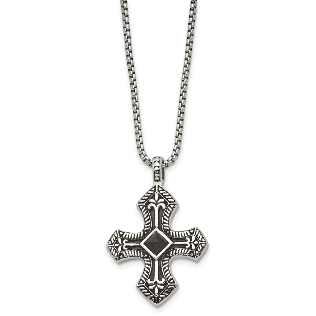 Black Agate Cross Necklace in Stainless Steel