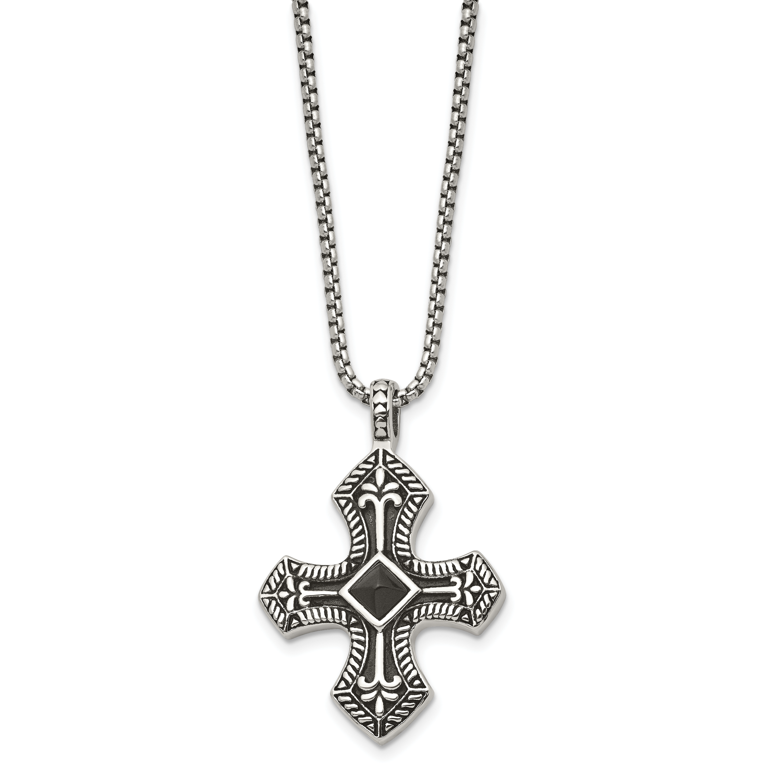 Black Agate Cross Necklace in Stainless Steel