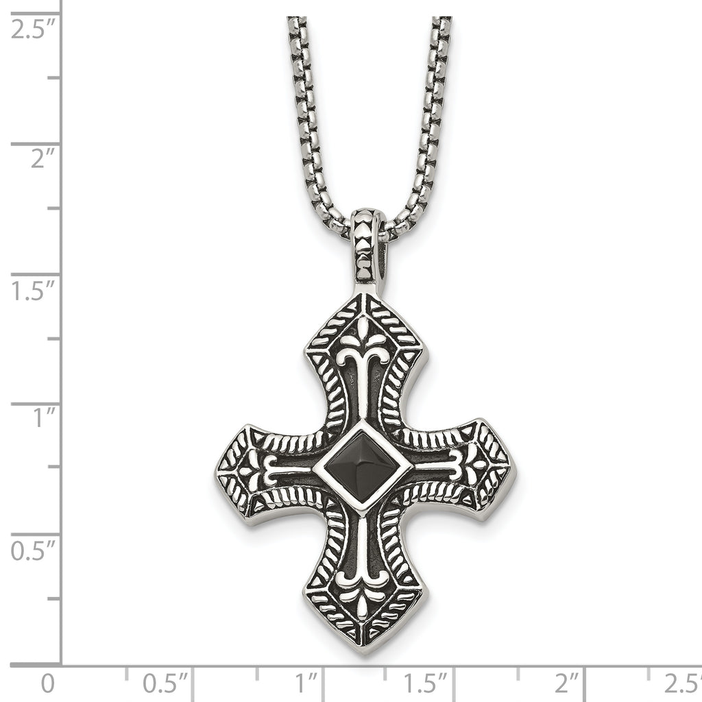 Black Agate Cross Necklace in Stainless Steel