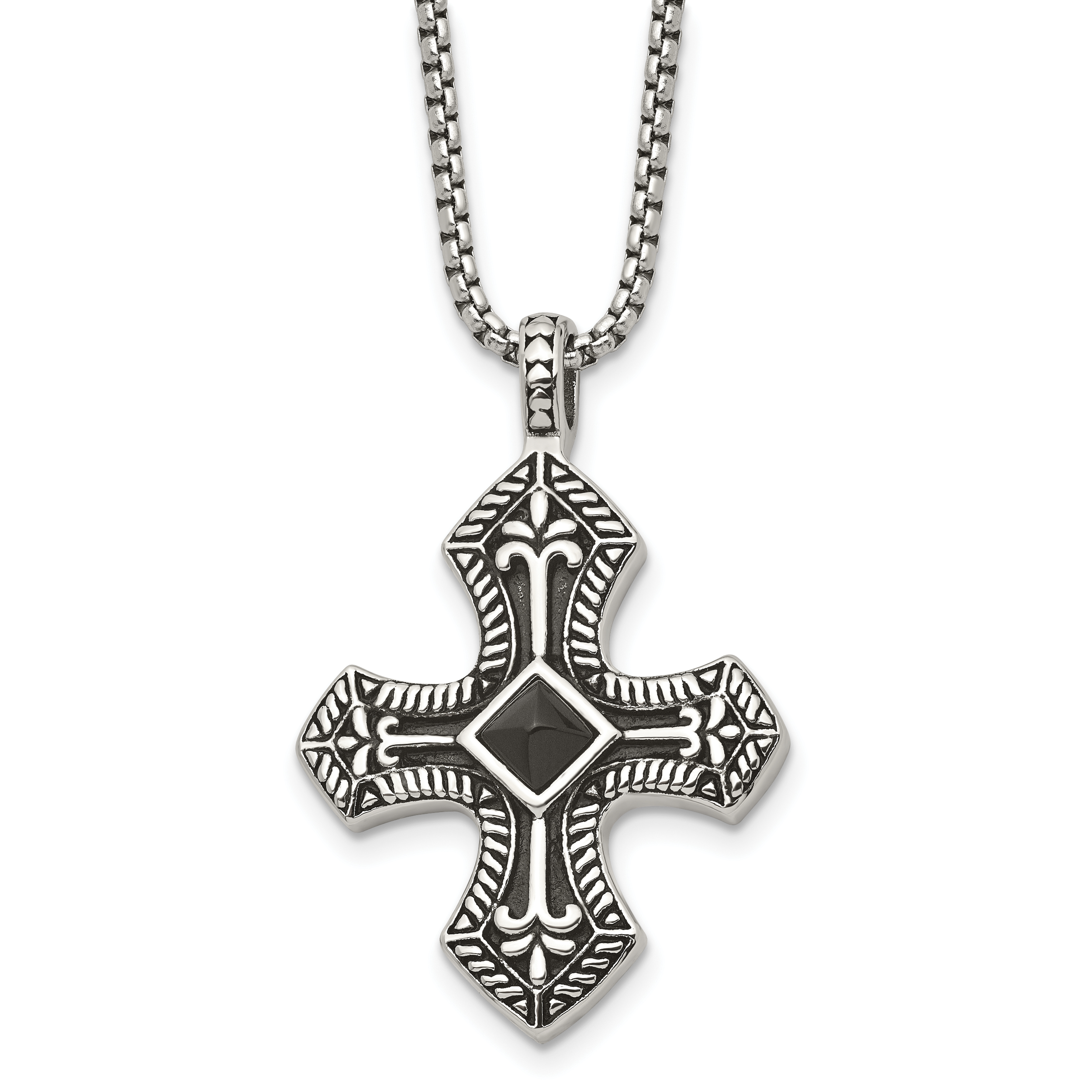 Stainless Steel Antiqued and Brushed w/Black Agate Cross 24in Necklace Main image