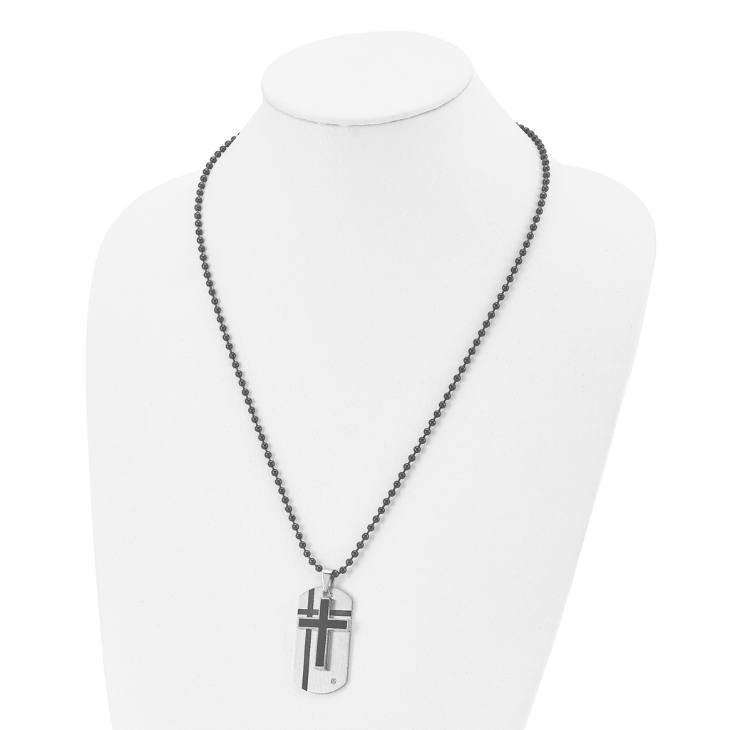 Chisel Stainless Steel Brushed with Enamel and CZ 2 Piece Cross Dog Tag on a 24 inch Ball Chain Necklace