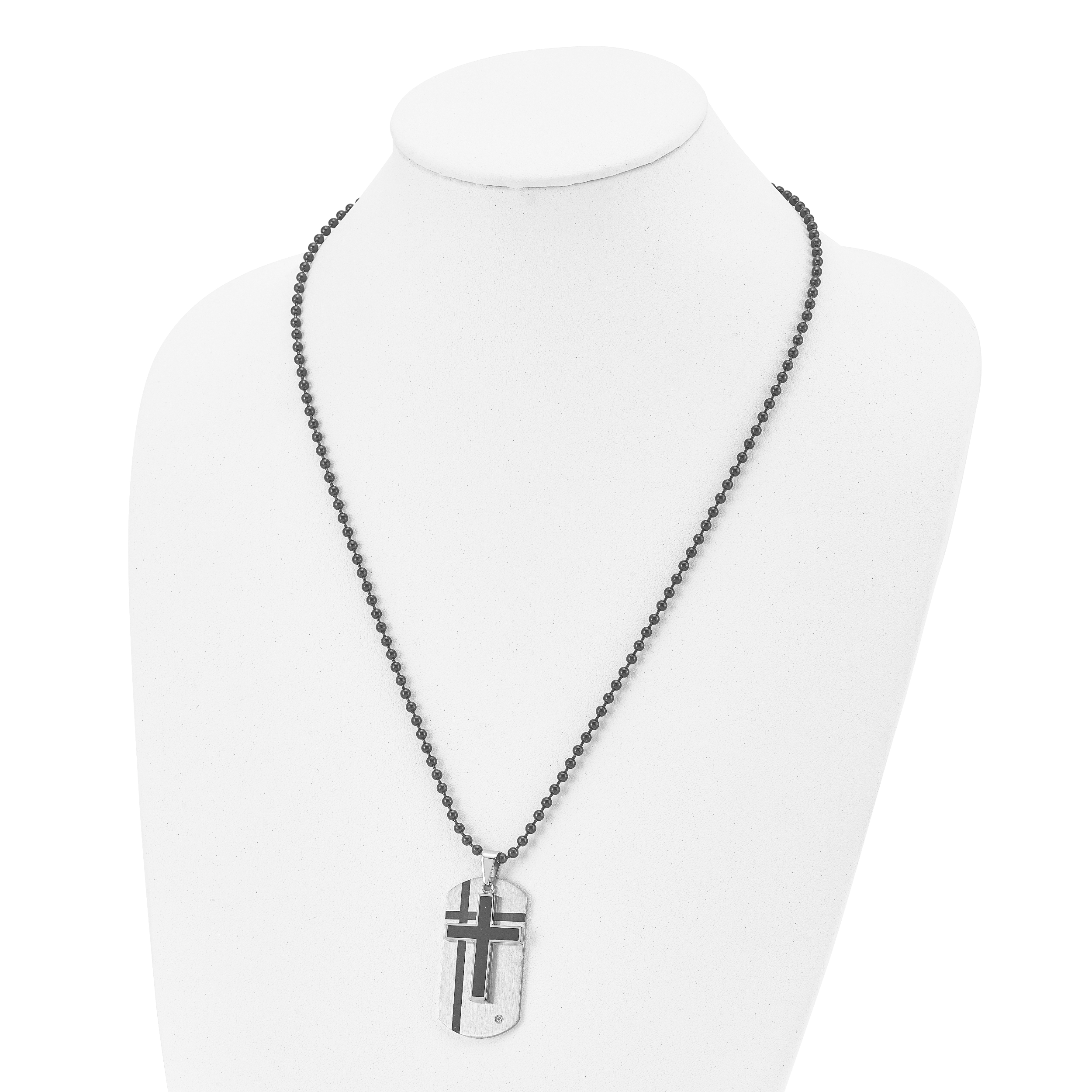 Chisel Stainless Steel Brushed with Enamel and CZ 2 Piece Cross Dog Tag on a 24 inch Ball Chain Necklace