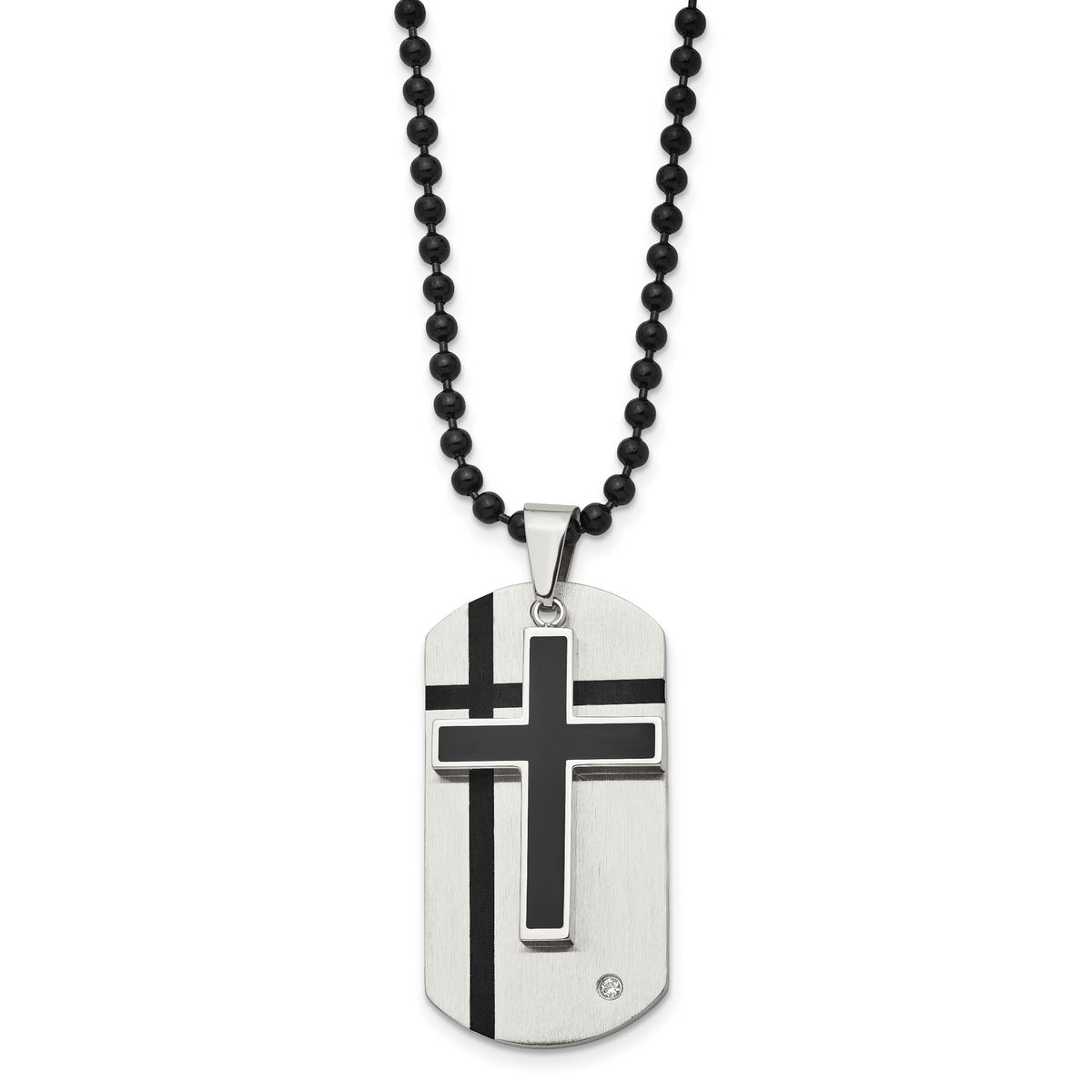 Chisel Stainless Steel Brushed with Enamel and CZ 2 Piece Cross Dog Tag on a 24 inch Ball Chain Necklace