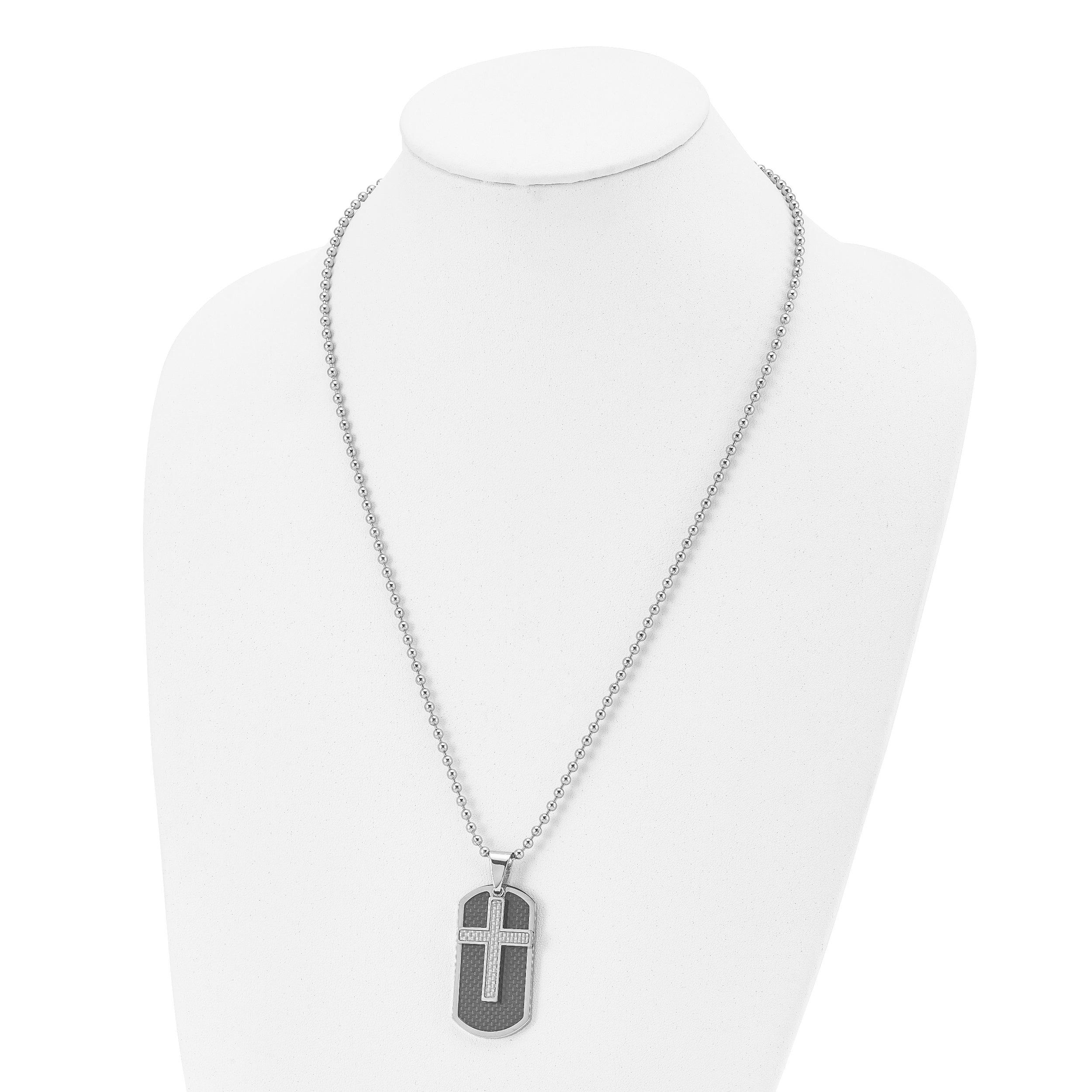 Chisel Stainless Steel Polished Black and Grey Carbon Fiber Inlay 2 Piece Cross Dog Tag on a 24 inch Ball Chain Necklace