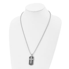 Chisel Stainless Steel Polished Black and Grey Carbon Fiber Inlay 2 Piece Cross Dog Tag on a 24 inch Ball Chain Necklace