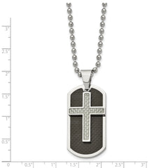 Chisel Stainless Steel Polished Black and Grey Carbon Fiber Inlay 2 Piece Cross Dog Tag on a 24 inch Ball Chain Necklace
