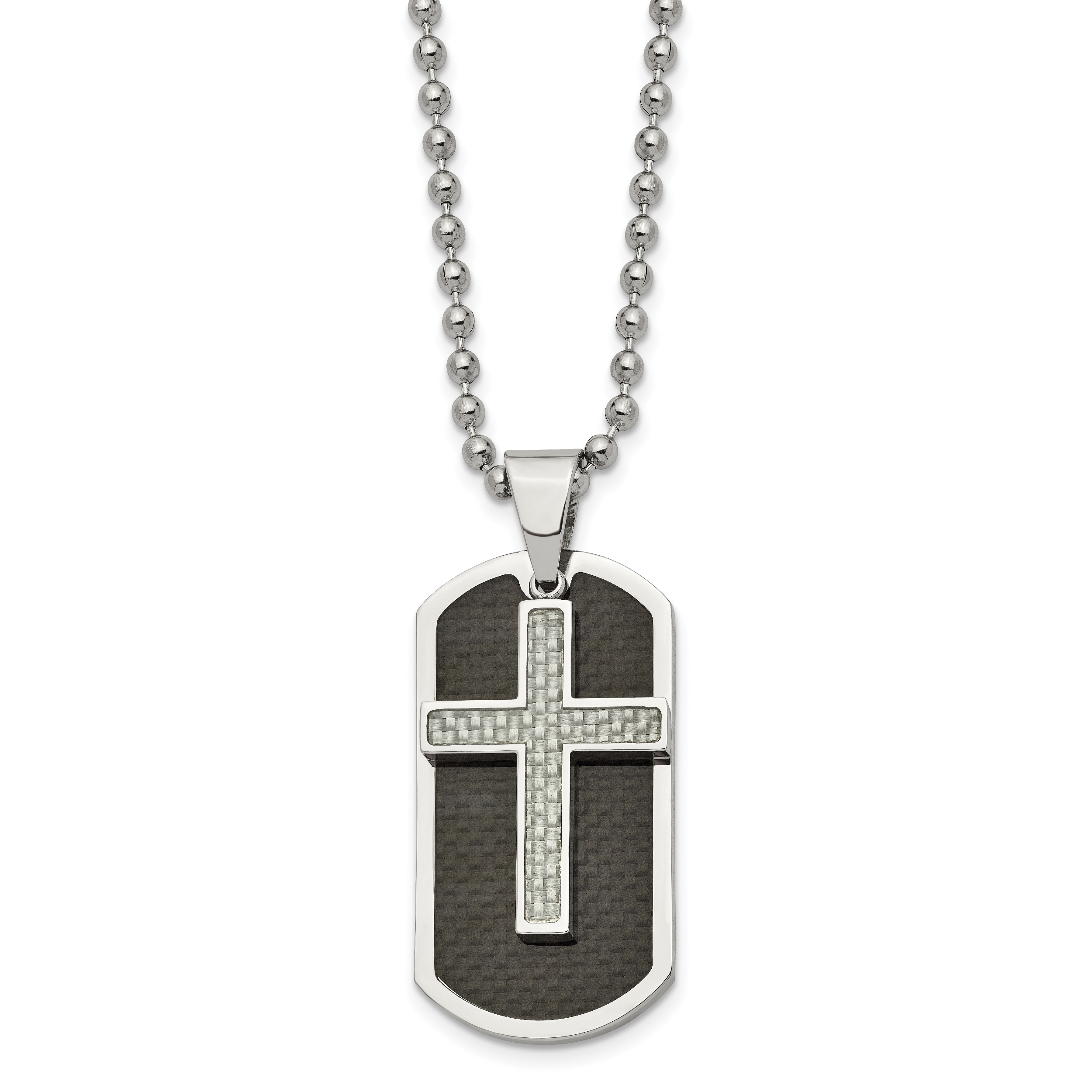 Chisel Stainless Steel Polished Black and Grey Carbon Fiber Inlay 2 Piece Cross Dog Tag on a 24 inch Ball Chain Necklace Main image