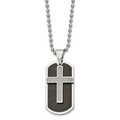 Chisel Stainless Steel Polished Black and Grey Carbon Fiber Inlay 2 Piece Cross Dog Tag on a 24 inch Ball Chain Necklace