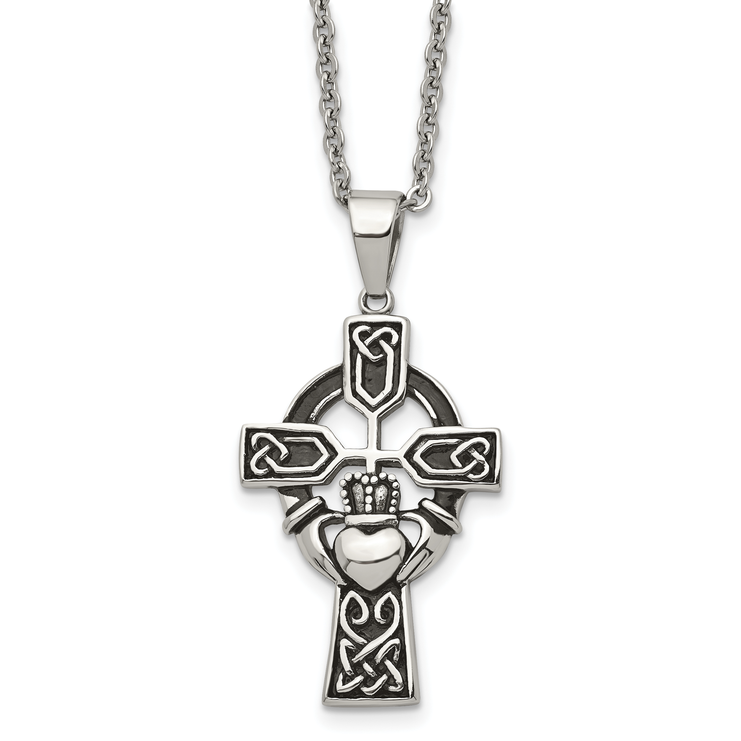 Chisel Stainless Steel Antiqued and Polished Claddagh Cross Pendant on a 20 inch Cable Chain Necklace Main image