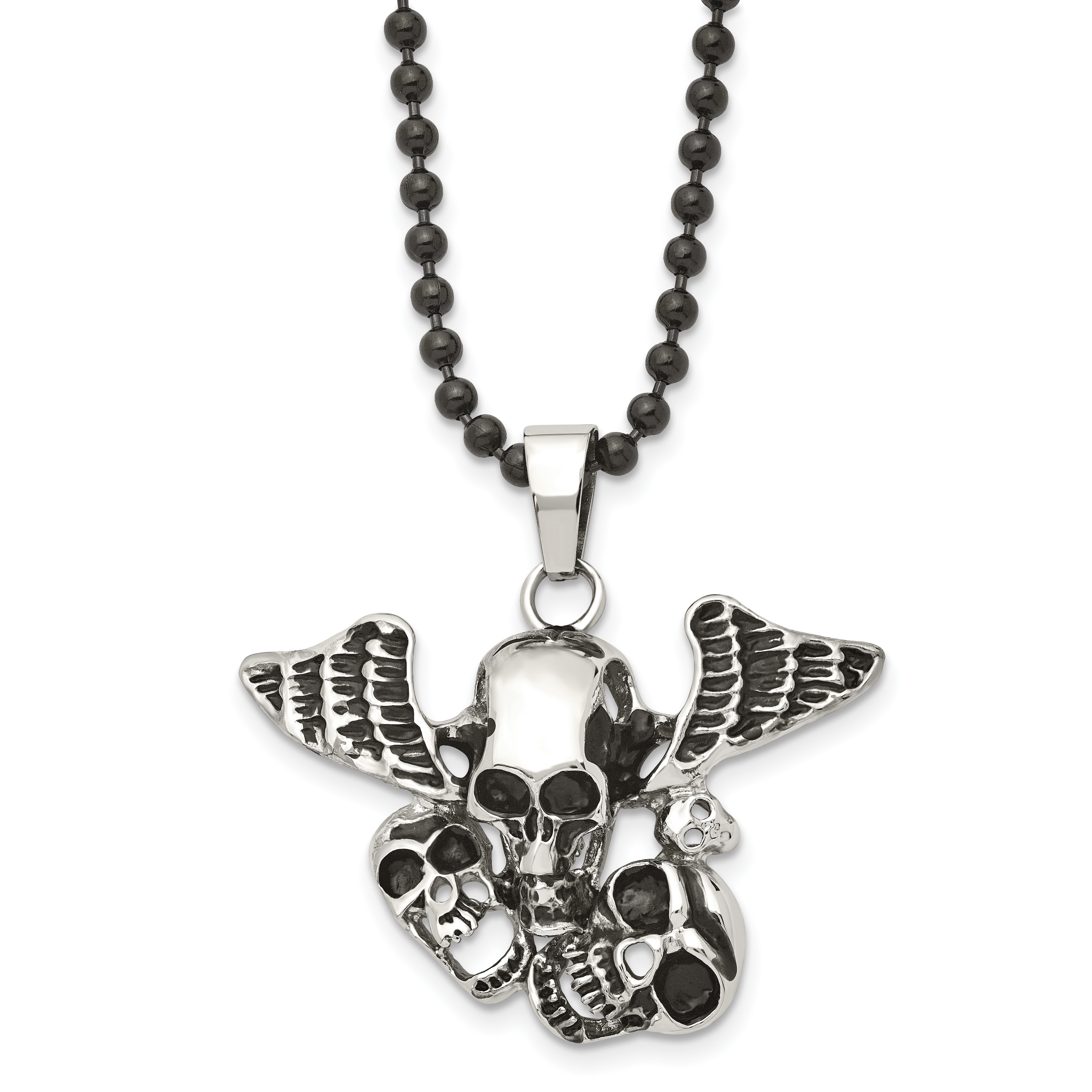 Stainless Steel Antiqued & Polished Black IP Skulls w/Wings 24in Necklace Main image