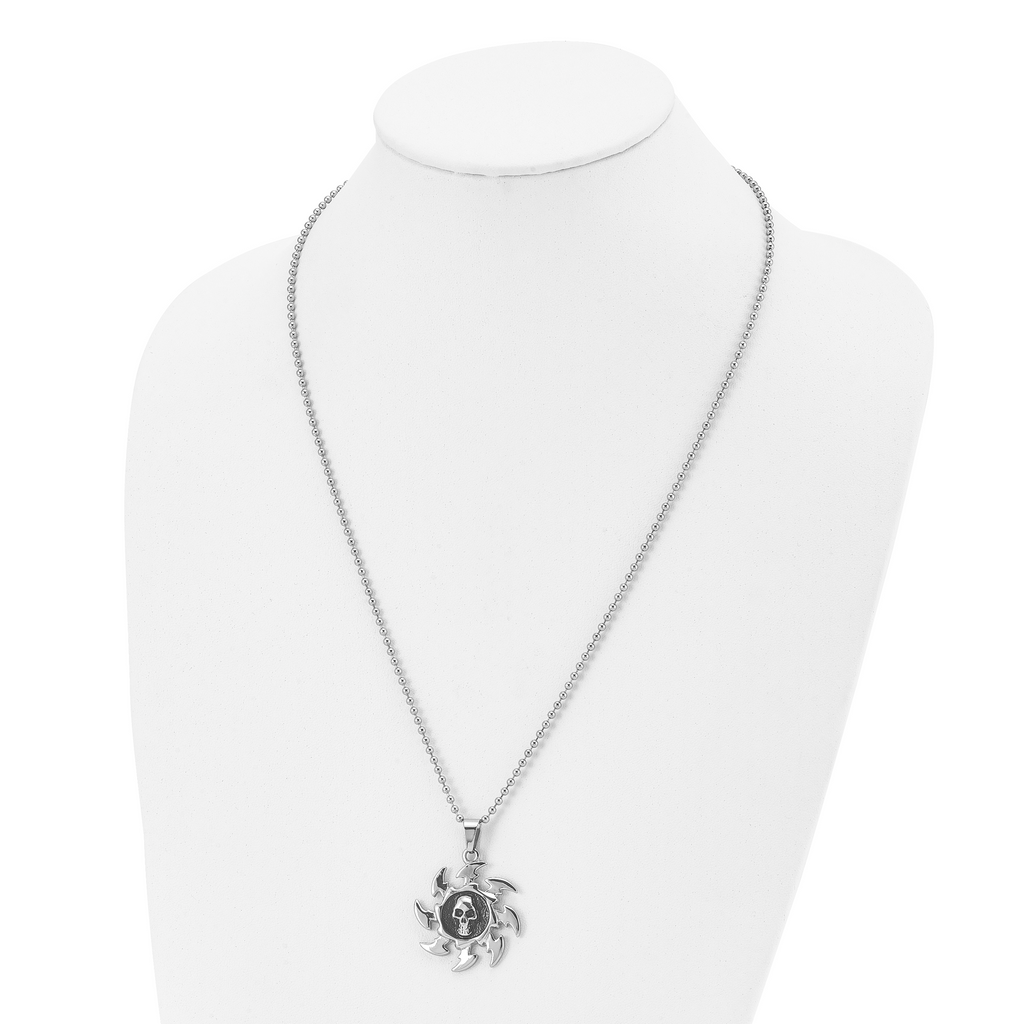 Chisel Stainless Steel Antiqued and Polished Skull on Saw Blade Pendant on a 24 inch Ball Chain Necklace