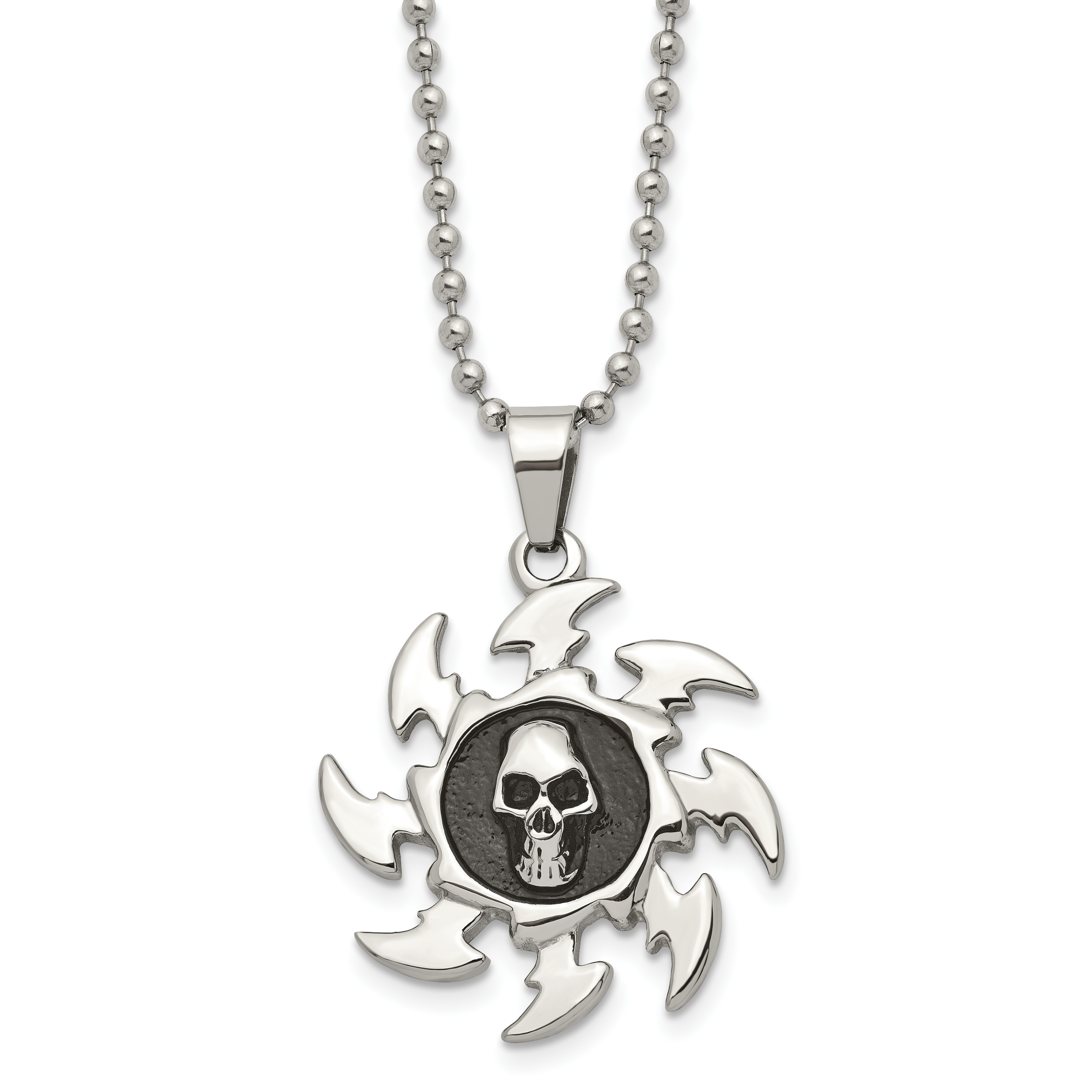 Chisel Stainless Steel Antiqued and Polished Skull on Saw Blade Pendant on a 24 inch Ball Chain Necklace Main image